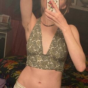 Kendall & Kylie Olive Green Paisley Halter Crop Top